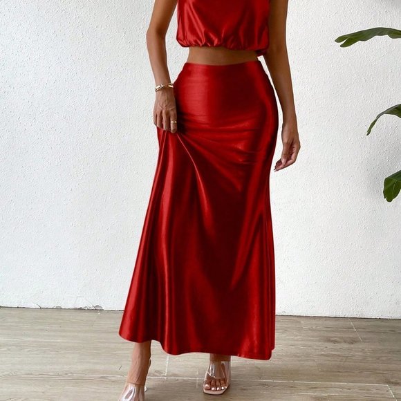 Red Preppy Womens Pile Heap Collar Crop Tank Top & Skirt - Picture 5 of 5